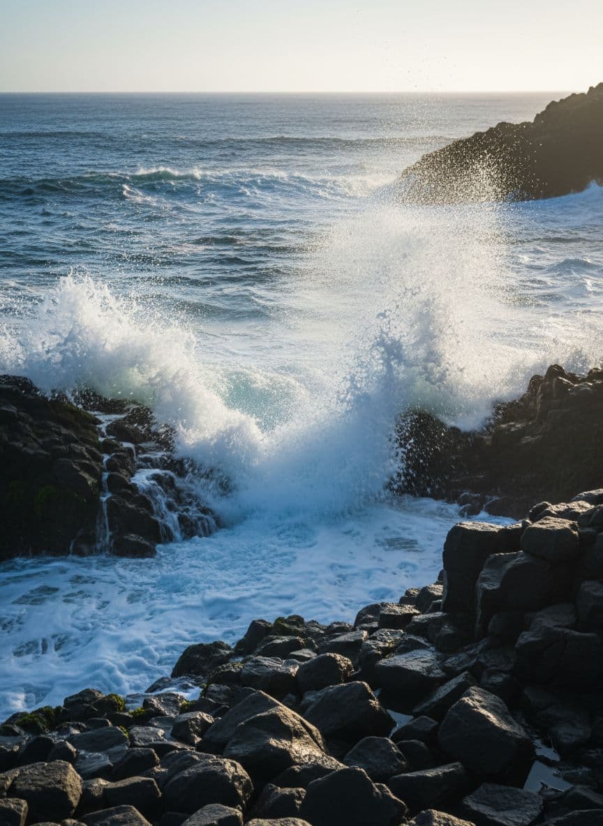 Powerful ocean waves crashing against dark rocky cliffs, cinematic slow-motion effect, dramatic lighting, mist and sea spray in the air, deep blue tones, high shutter detail, epic and emotional atmosphere, ultra realistic water simulation, cinematic film look