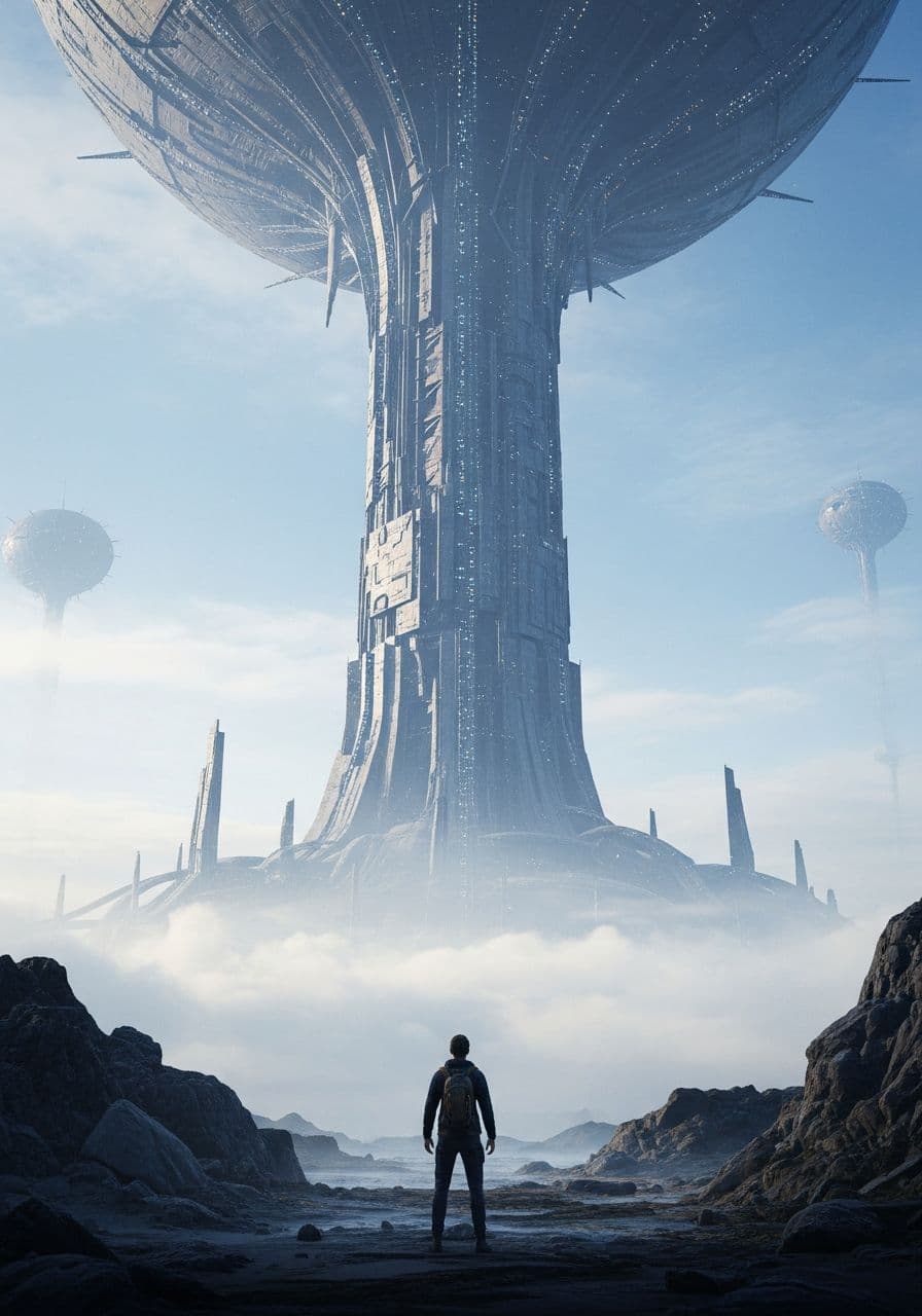 Lone human standing in front of a colossal alien structure rising into the clouds, massive scale contrast, futuristic science-fiction world, epic sense of awe, atmospheric perspective, volumetric fog, dramatic sky, cinematic wide shot, ultra-detailed environment, concept art quality, epic sci-fi mood